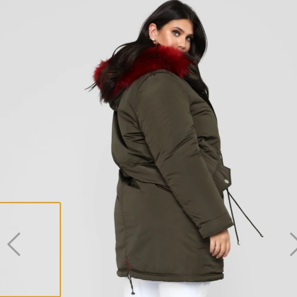 Olive Green Utility Coat/With Burgundy Fur Hood